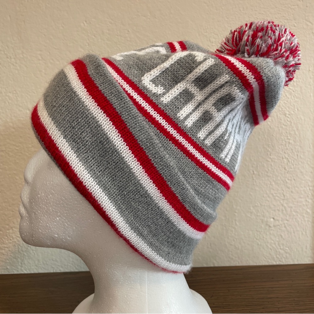 Red, grey, and white state championships beanie. One size.